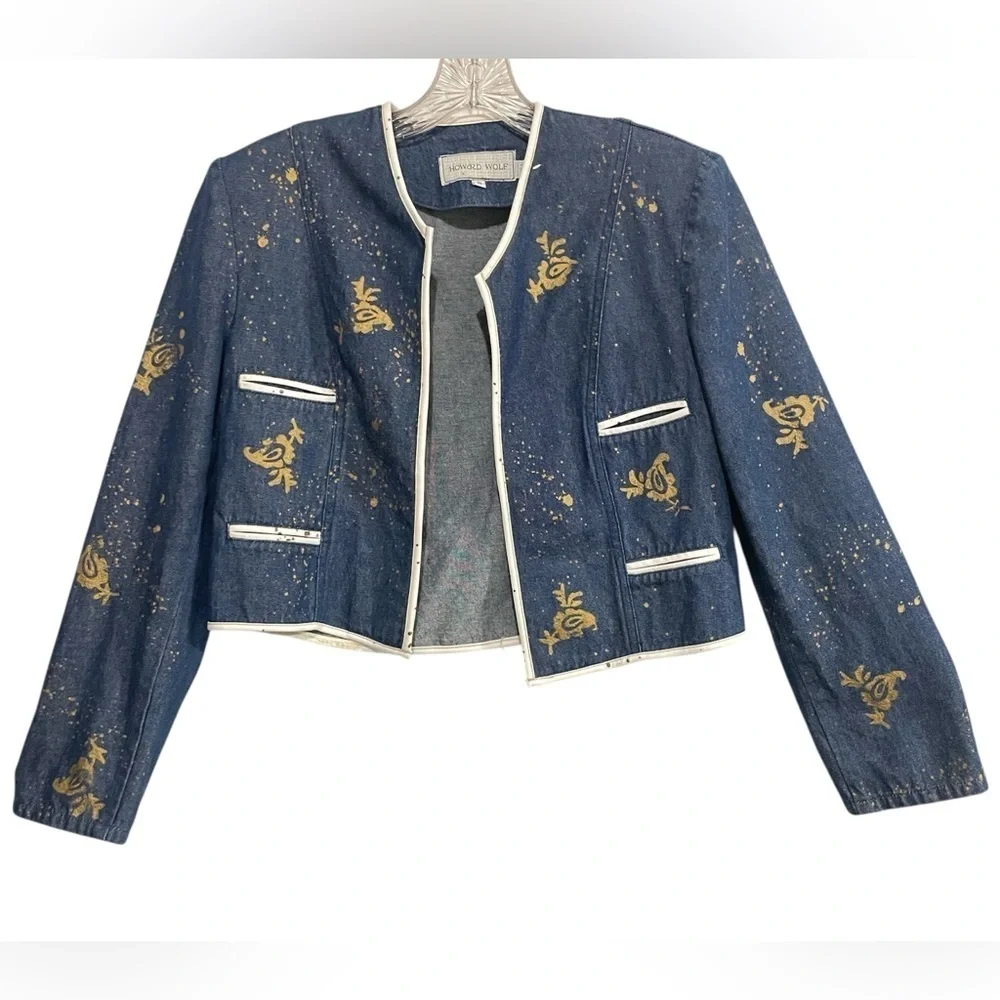 Howard Wolf Vtg Denim Cropped Blazer Jacket Gold Paint Splatter Floral Size 8 - Picture 2 of 9